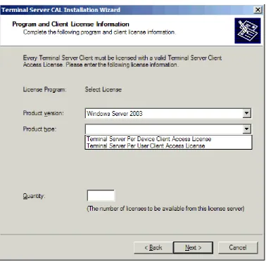 Figure 1.10: Adding licenses to a Terminal Services Licensing server. 