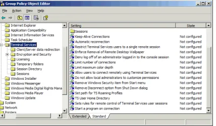 Figure 2.13: Terminal Services settings in the Group Policy Object Editor. 