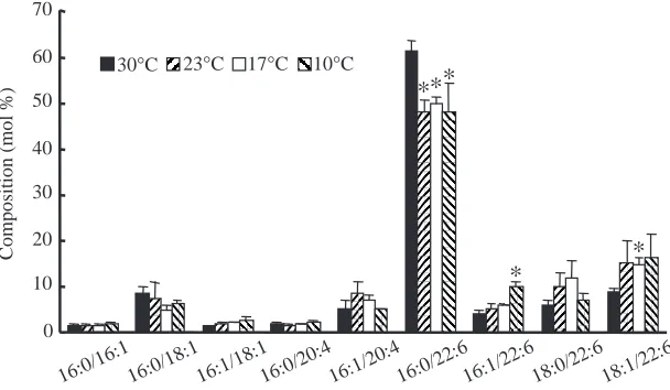 Fig. 3. The effect of temperature acclimation onthe individual molecular species composition ofthephosphatidylcholine fraction from carpliver microsomes
