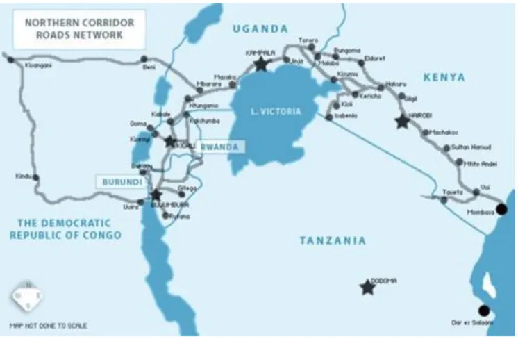 Figure 1: Kenya's Strategic Location in the EAC trade network with road linkages to hinterland Source: (Kenya Ports Authority, 2013) 