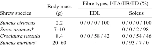 Table 3. Time to peak force of isometric extensor digitorum longus and soleus twitches and the ﬁbre composition of the twomuscles in mammals of different size at 25°C
