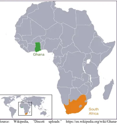 Figure 1: Map of Africa indicating locations Ghana (green) and South Africa 