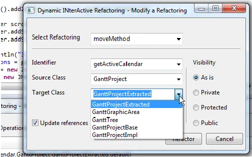 Figure 3. Recommended target classes by our technique for a move method refactoring to modify