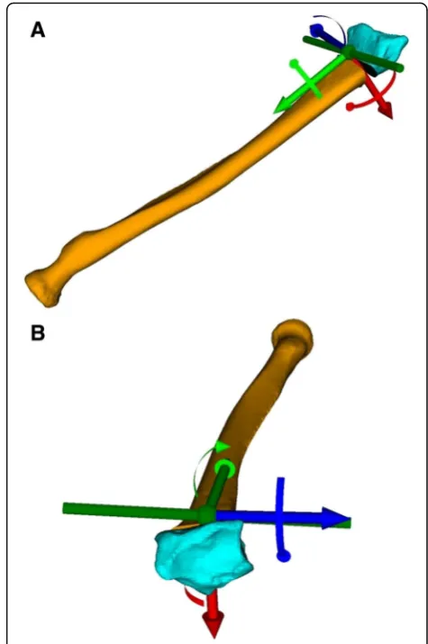 Fig. 4 a and b Center of the coordinate system, defined on therotation axis (dark green) of the fragment transformation