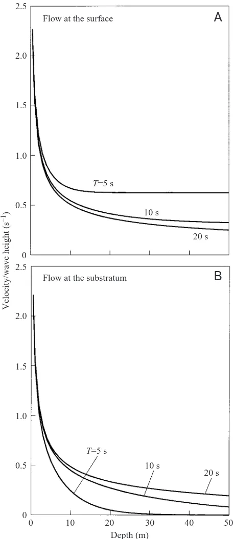 Fig. 1. Water velocities produced by unbroken surface gravitywaves. In each case, velocity has been normalized to wave height sothat these curves apply equally to waves of all heights