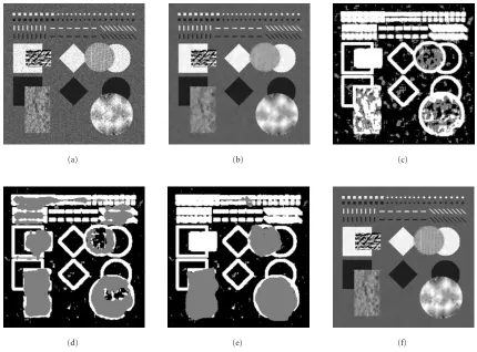 Figure 7: Examples of the test image ((b) the output of the two-state hard-switching LAF, (c) the result of two-threshold preclassiﬁcation (Figure 1) processing: (a) the test image corrupted by multiplicative Gaussian noise with σ2µ = 0.012,7), (d) the “CPC1” classiﬁcation map,(e) the “CPC2” classiﬁcation map, and (f) the output of the three-state hard-switching LAF processing according to the CPC2 map.