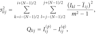 Figure 8: The visual results of processing the test image (MSF ﬁlter, (d) the output of 8Figure 1) fragment by component ﬁlters and their ﬁnal nonlinear composition: (a)the test image fragment corrupted by multiplicative Gaussian noise with σ2µ = 0.012, (b) the output of 7 × 7 Lpq ﬁlter, (c) the output of 7 × 7 × 8 DCT ﬁlter, and (e) the output of the three-state hard-switching LAF.