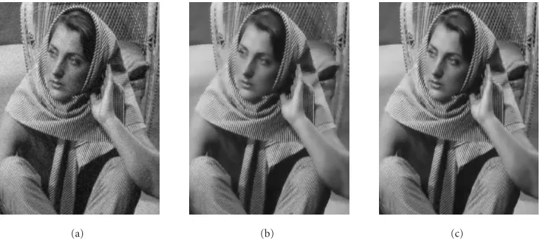 Figure 9: Visual results of processing the test image corrupted by Gaussian noise with σ2n = 200: (a) original noisy image, (b) the 8 × 8 DCTﬁlter output, and (c) the result of image processing by the proposed three-component hard-switching LAF.