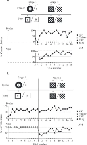 Fig. 5. Performance of bees without stage 2 training. Conventions andarrangement as in Fig