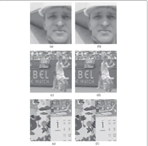 Figure 13 Reconstructed images that are magnified for comparison. (a) Conventional DVC system (tenth frame of Foreman sequence at0.066406 bit per pixel) (b) Proposed DVC system (tenth frame of Foreman sequence at 0.066406 bit per pixel) (c) Conventional DVC system (tenthframe of Stefan sequence at 0.156250 bit per pixel) (d) Proposed DVC system (tenth frame of Stefan sequence at 0.156250 bit per pixel) (e)Conventional DVC system (tenth frame of Mobile sequence at 0.101563 bit per pixel) (f) Proposed DVC system (tenth frame of Mobile sequenceat 0.101563 bit per pixel).
