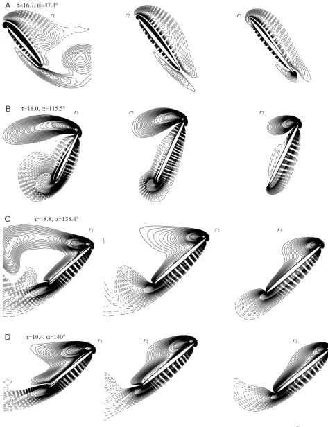 Fig. 13. (A–F) Vorticity plots at three spanwise locations at various times during one stroke (rotation delayed)