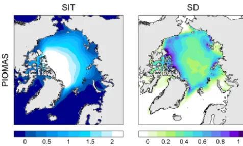 Figure 1. September 1979–2014 mean SIT and standard deviation(SD) from the PIOMAS reanalysis