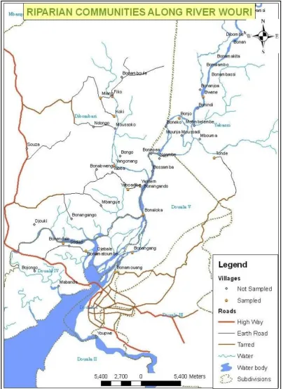 Figure 4: Map of the study area showing the riparian communities in the Wouri River Basin