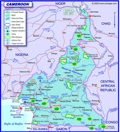 Figure 9: Map of the Republic of Cameroon showing the distribution of water hyacinth. Source:  Modified from http://unimaps.com/cameroon/index.html 