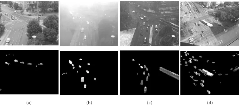 Figure 4: Sample frames and the corresponding ground-truth frames from the four test sequences: (a) Bright, (b) Fog, (c) Snow, and (d)Busy.
