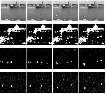 Figure 10: Experimental results on test sequence Container. From top to bottom: frames 252, 255, 258, and 261; CDMs detected by the MRFmethod, by the QPF method, and by the M3 method.