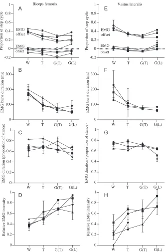 Fig. 4. The relative timing of EMG onset and offset (A,E), absolute EMG burst duration(B,F), relative burst duration (C,G) and relative EMG intensity (D,H) for the biceps femoris(left column) and vastus lateralis (right column)