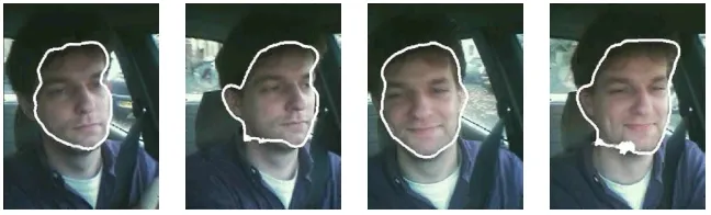 Figure 10: Contour tracking applied to driver’s face extraction, using the weighted gradient (skin chroma being the feature of interest).Randomly chosen images from a video sequence.