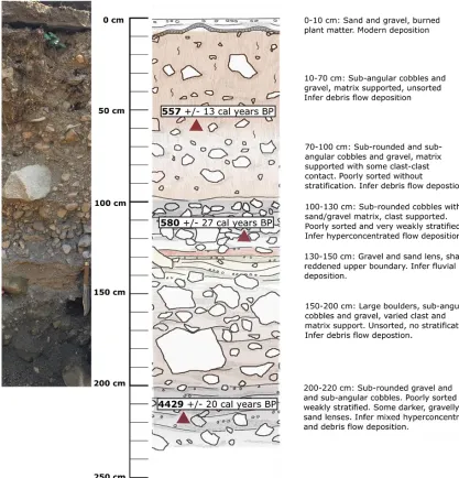 Figure 1.4: Fan deposit stratigraphy. Photo at left is 1 m upstream of described and dated section
