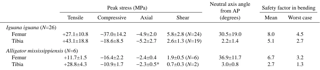 Table 3. Mean peak stresses and safety factors calculated from force platform data for the femur and tibia of Iguana iguana andAlligator mississippiensis