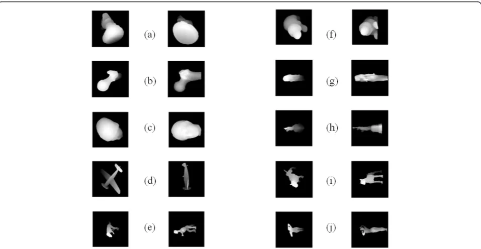Figure 10 Ten pairs of range images for different objects from the Stuttgart University database: (a) Ducky, (b) Femur, (c) Igea, (d)Fighter, (e) Dino, (f) Mole, (g) Isis, (h) Liberty, (i) Pitbull, (j) Female.