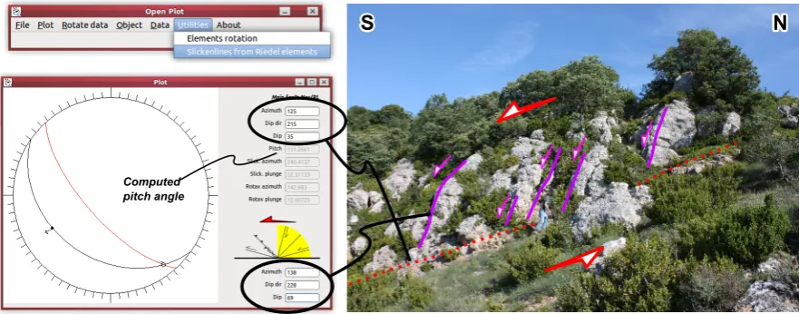 Fig. 5. How to use the Slickenlines from Riedel elements utility to get the fault pitch angle.
