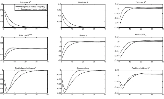 Figure 3: Responses (in % dev. from st.st.) to a policy rate shock for a binding money market constraint