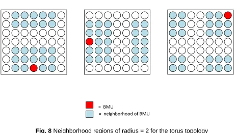 Fig. 8 Neighborhood regions of radius = 2 for the torus topology 