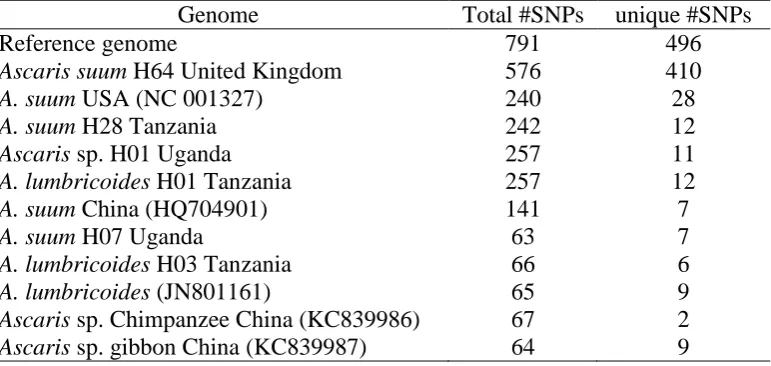 Table 2. Number of SNPs and unique SNPs in the 12 protein coding genes for each of the 12 genomes using Ascaris lumbricoides from China (HQ704900) as reference genome Genome Total #SNPs unique #SNPs 