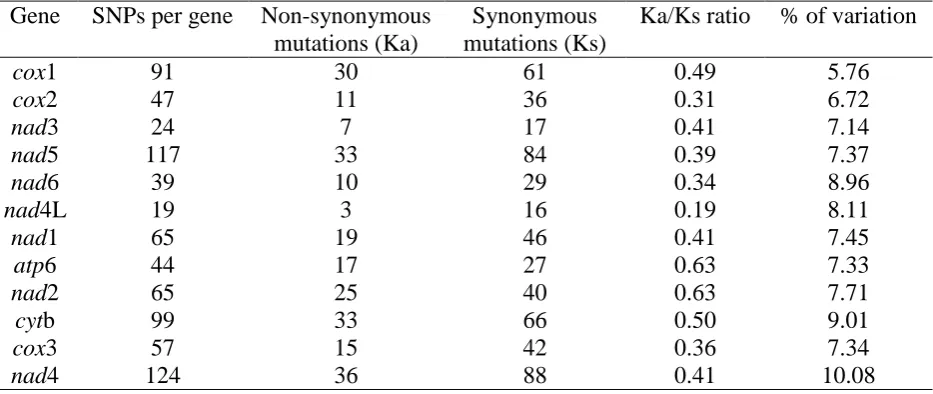 Table 3. Number of SNPs, synonymous, non-synonymous mutations and the percentage of variation given as number of SNPs per gene length for each of the 12 protein coding genes for the 12 Ascaris genomes Gene SNPs per gene Non-synonymous Synonymous Ka/Ks ratio% of variation
