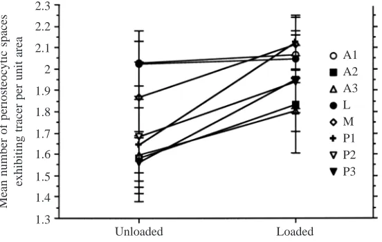 Fig. 3. Interaction plot showing the effects of loading on thedistribution of Procion Red tracer (quantiﬁed as the meanlocation A1, A2,..., P3 (for reference, see Fig
