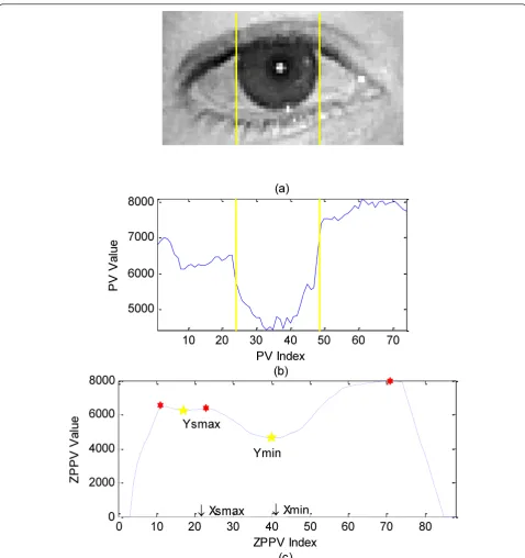 Figure 2 (a) image of an Open eye (b) original Vertical projection of the open eye (c) Smoothed and ZPPV of the open eye
