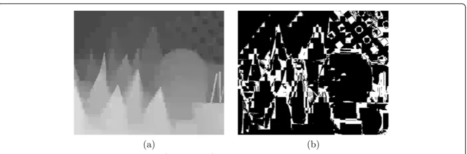Figure 3 Distortions in depth “Teddy” dataset (||∇ξ||2 > sconsist) caused by H.264 Intra compression with (a) QP = 51 and the sameafter de-blocking with super-resolution filter (b).