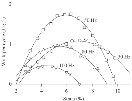 Fig. 9. The relationship between the amplitude of imposed strain andthe work done per cycle, measured at different cycle frequencies.The symbols are individual data points, and the continuous lines aresecond-order polynomials ﬁtted to these points