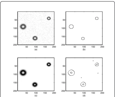Figure 8 Blurred circle and a one pixel wide circle retrieval: (a)Processed image; (b) center circle; (c) final result obtained withthe proposed methods; (d) result obtained by Chan and Vese.Results obtained on an image containing a one pixel wide circleand a blurred circle by the proposed method and comparativemethod Chan and Vese.