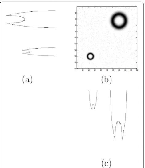 Figure 2 Center retrieval: (a) Signal generated on the leftantenna; (b) processed image; (c) signal generated on thebottom antenna
