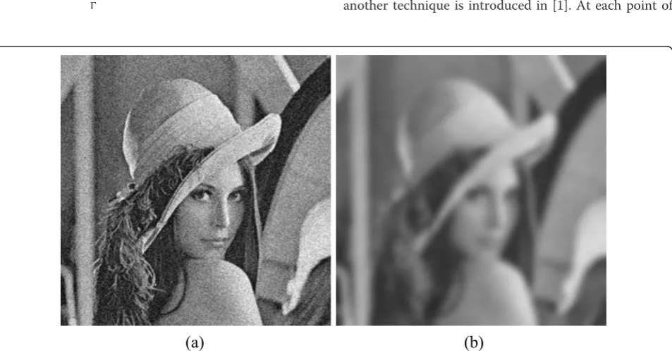 Figure 2 Heat equation applied on a grayscale noisy image: test Lena image artificially corrupted by additive Gaussian noise (s = 20) (a)and result of Heat equation method on it after 20 iterations (b).