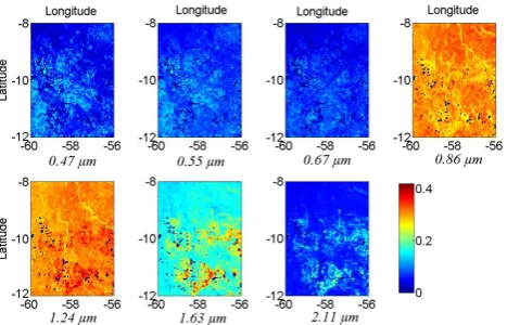 Fig. 1.Fig 1  Black sky albedo maps at MODIS bands 1–7 calculated fromthe MODIS ﬁle MCD43C1.A2006241.005.2008109074010.hdfwith SZA equaling 32 degrees