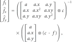 Figure 1: Polynomial basis functions {1,x,y,x2,xy,y2} and Gaussian applicability function a.