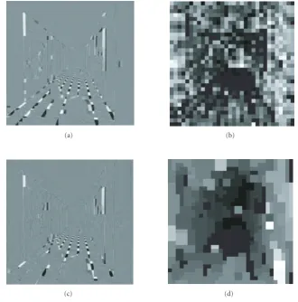 Figure 4: Residual image and disparity vector ﬁeld: (a), (b) BMA method; (c), (d) MRF method.