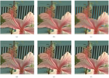 Figure 12: (a) Details of the original image of Figure 4(c), (b) image blurred with horizontal motion, (c) deconvolution after applyingbilinear reconstruction, (d) deconvolution after applying the method of Laroche and Prescott [5], (e) deconvolution after
