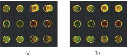 Figure 3: Template-based alignment results obtained by visuallyaligning the left two columns (a) or the right two columns (b) ofmicroarray spots.