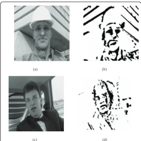 Figure 3 Motion detection for two benchmark video sequences.(a) Foreman sample frame; (b) its corresponding mask YMDi; (c)Car-phone sample frame; (d) its corresponding mask YMDi