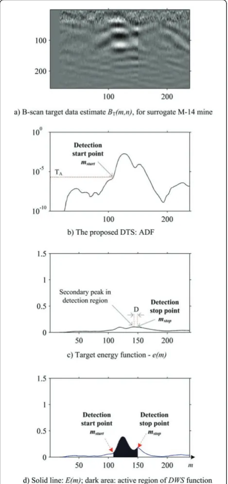Figure 7 Results of the proposed method for surrogate TS-5050 mine.AP mine. (a) B-scan target data estimate - BT(m,n), for surrogate TS- (b) The proposed DTS: ADF