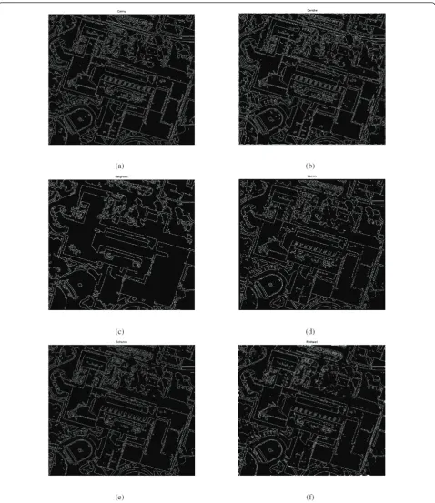 Figure 5 Sample set of edge maps for the “Large Building” aerial image (a) Canny detection (b) Deriche detection (c) Bergholmdetection (d) Lacroix detection (e) Schunck detection (f) Rothwell detection.