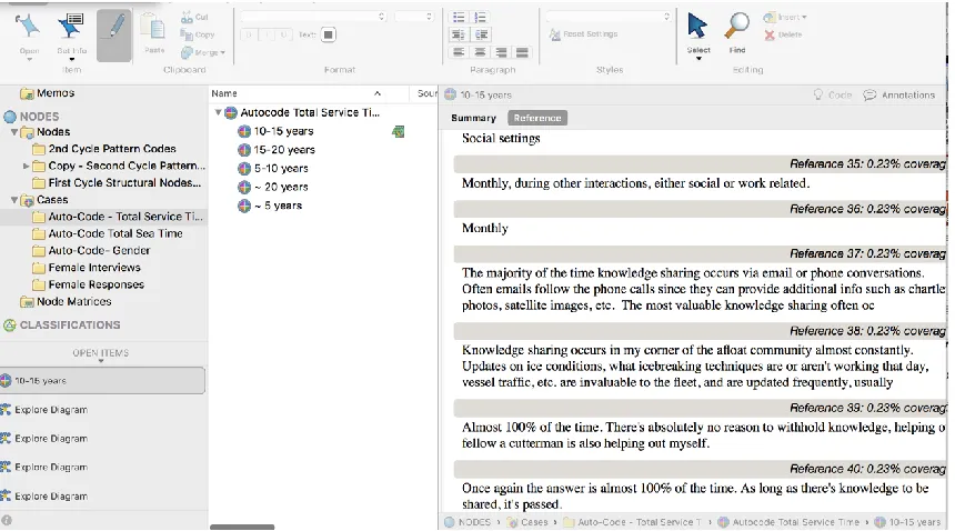 Figure 2. Screenshot from NVivo 11 depicting structural coding, pattern coding, demographic case folders and analytic memo link
