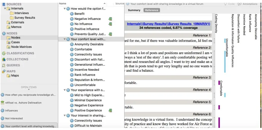 Figure 3. Screenshot from NVivo 11 depicting first round structural coding, references, memos, and coding stripes