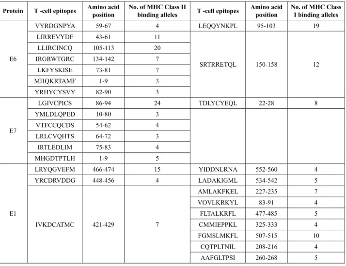 Table 3: The predicted epitopes in the different putative proteins of hPv type 16 with reference to MhC molecules.