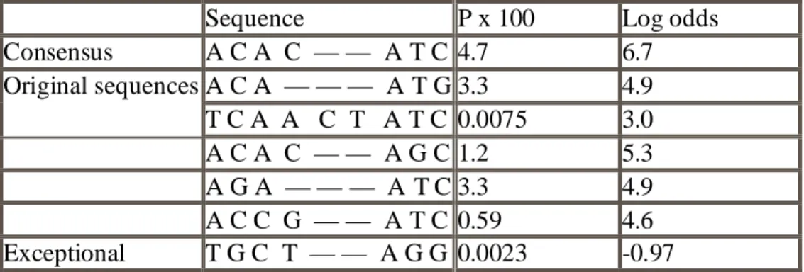 Table 1: Probabilities and log-odds scores for the 5 sequences in the alignment  and for the consensus sequence and the ‘exceptional’ sequence