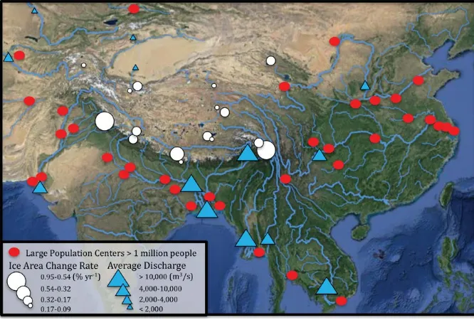 Figure 4. Earth’s “Third Pole” (TP, also known as the Tibetan Plateau). Melted snow and ice from the TP generates major river systems including the Indus, Ganges, Salween, Mekong, Yangtze, and Huang He